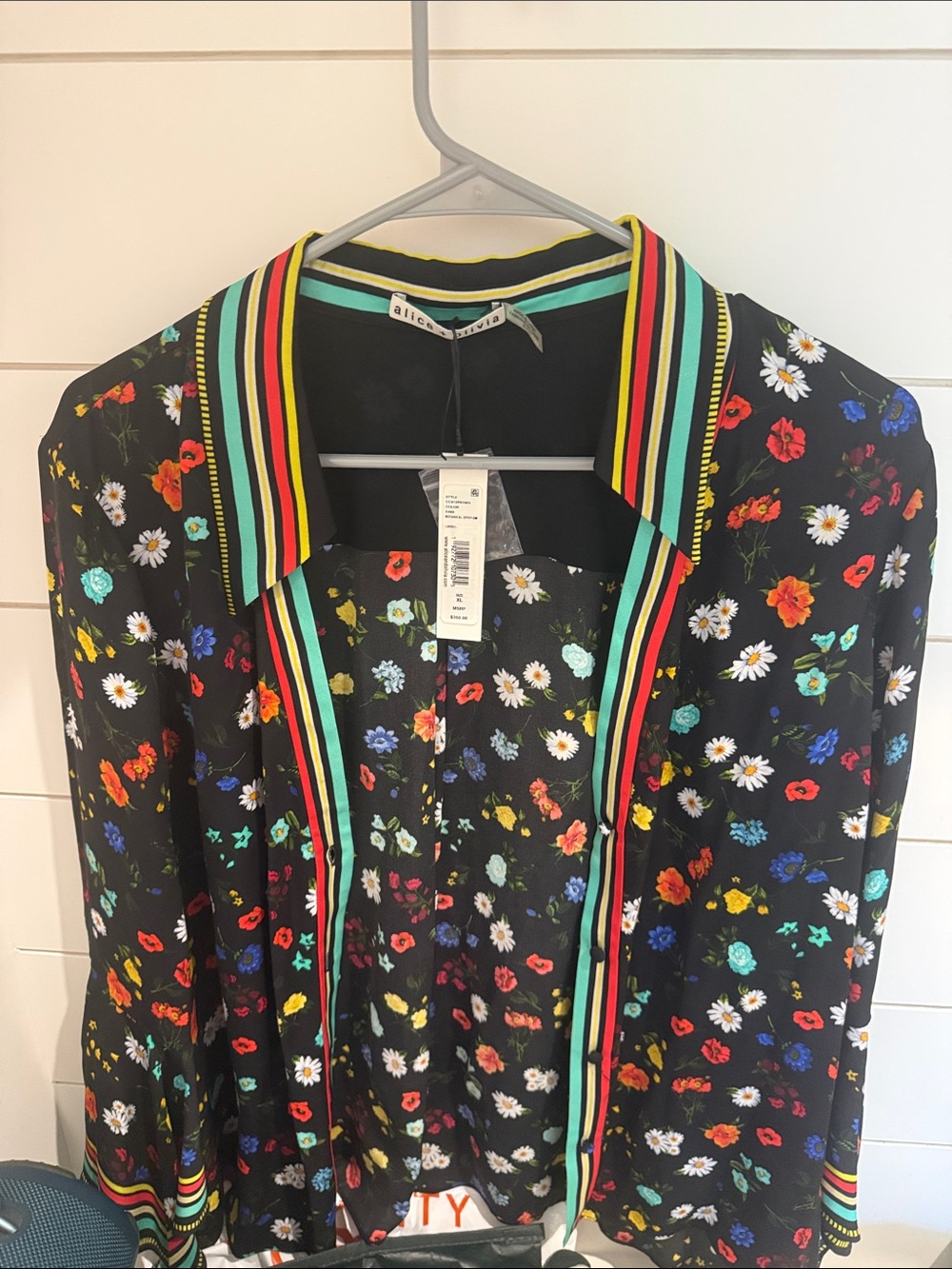 Alice + Olivia Black Floral Button-Up with Multicolor Stripe Trim